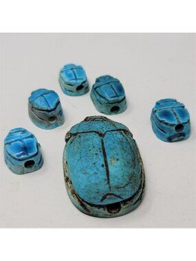 Vintage Scarab Beads Blue from Egypt Hieroglyphics 6Pc